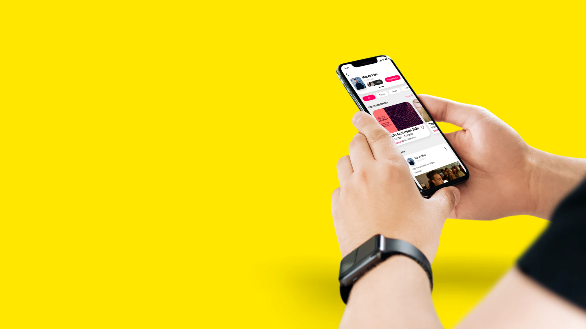 The Society Appic hero image with hands holding a phone on a bright yellow background